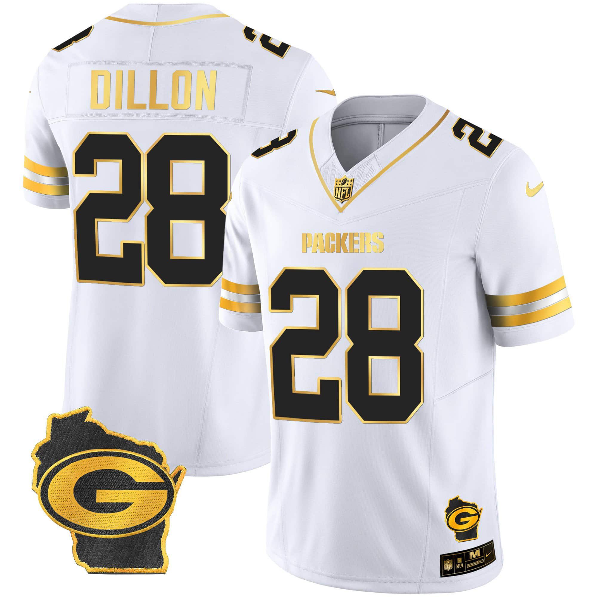 Men Green Bay Packers 28 Dillon White Gold 2024 Nike Home Patch Vapor NFL Jersey